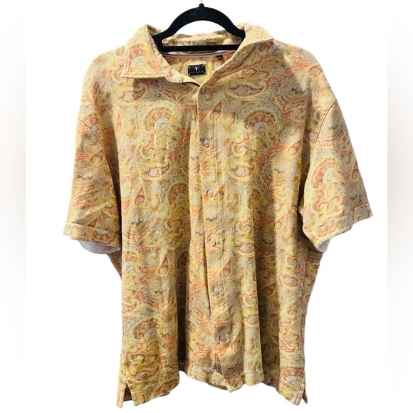 Left Coast Tee Paisley Polo Short Sleeve Button Down Shirt Size XL Casual Yellow - Picture 1 of 6